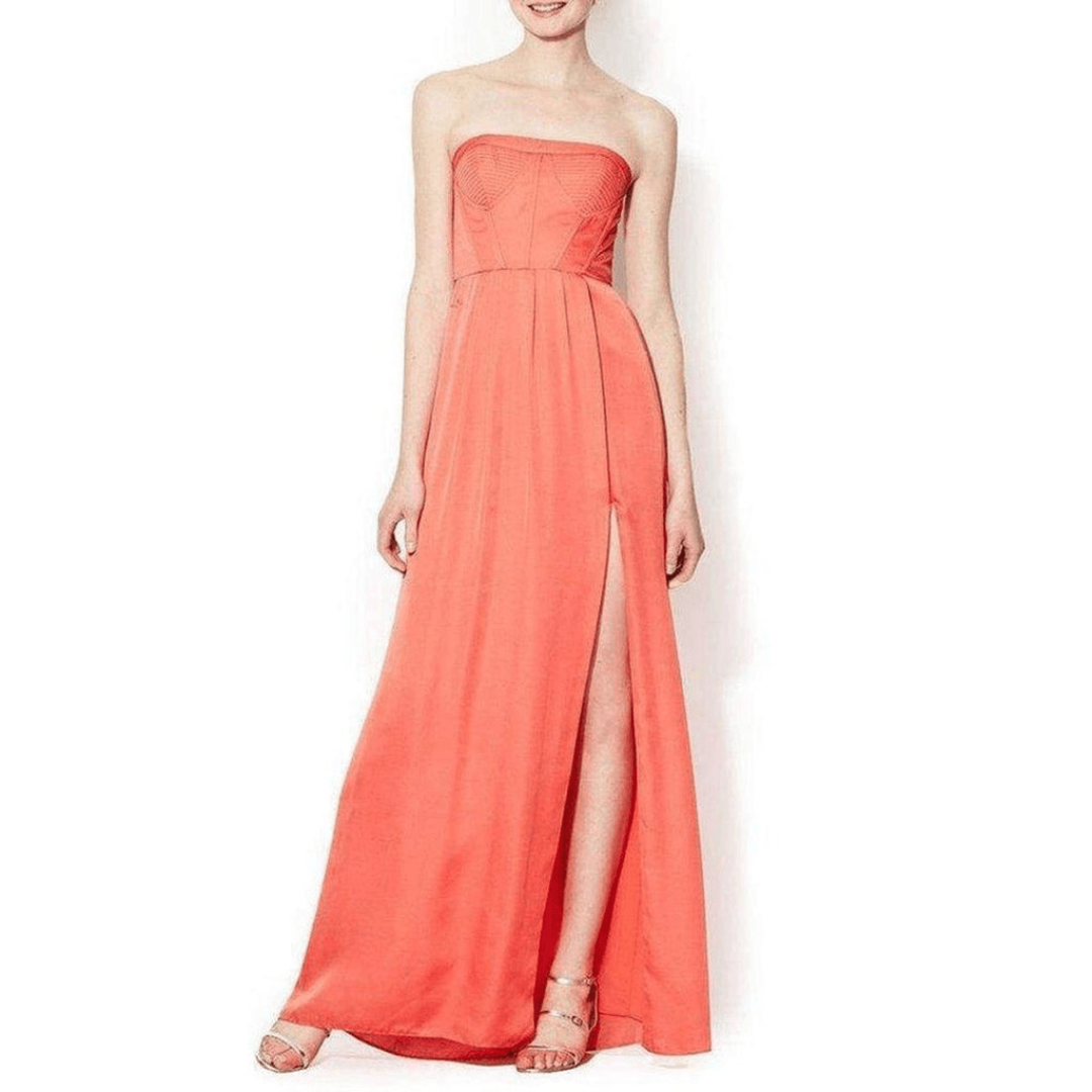 BCBG Maxazria Pink Coral Strapless Fitted Bustier Slit Dress