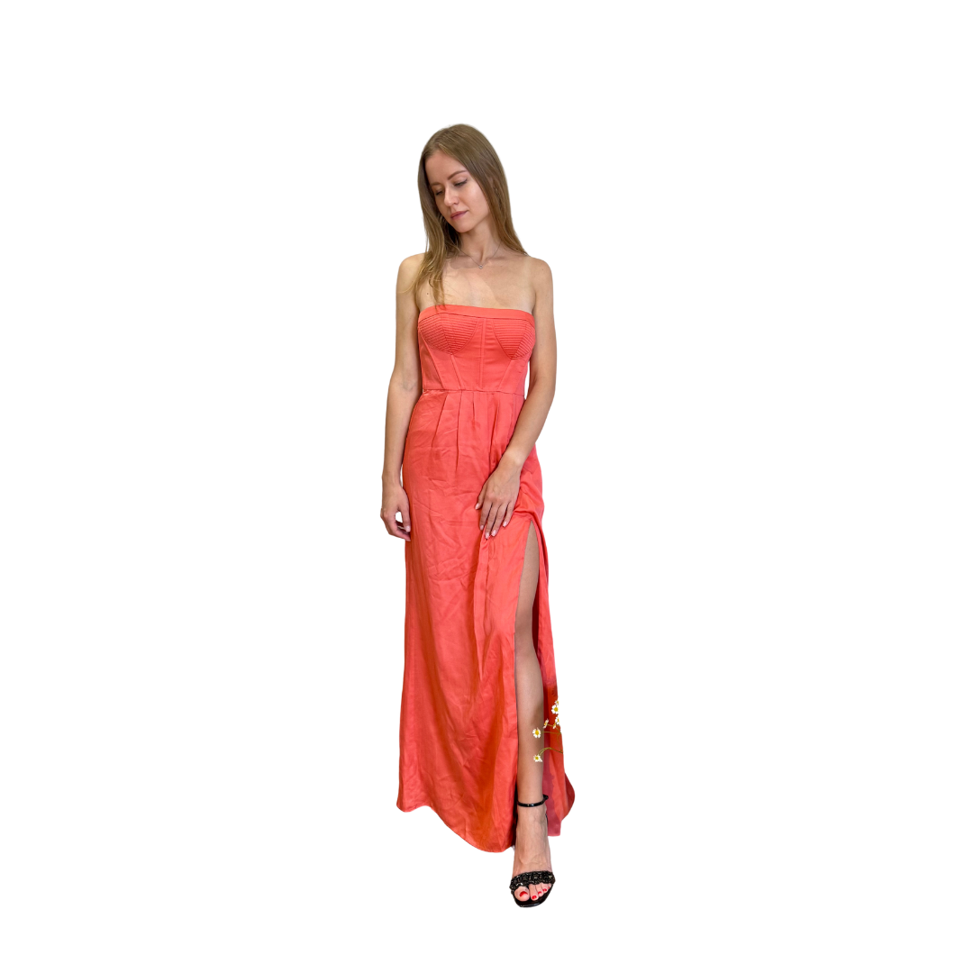 BCBG Maxazria Pink Coral Strapless Fitted Bustier Slit Dress