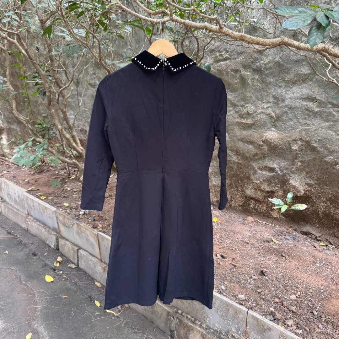 Black Embellished Dress with Velvet Pockets