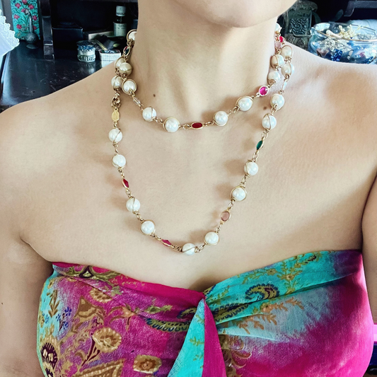 Pearl Necklace with Pink, Red & Green Stones