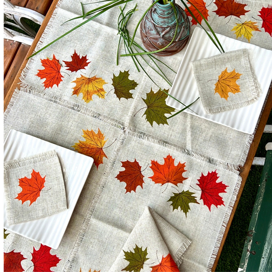 Set of Ten Lynd Maple Leaf Pure Linen Placemats & Napkins