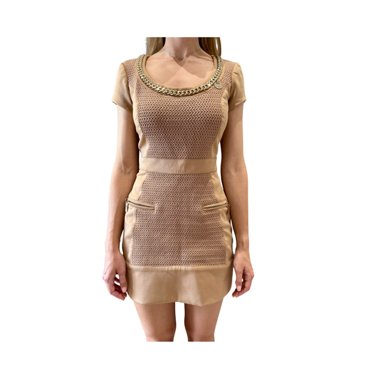 Elisabetta Franchi Midi Dress in Beige with Chain Detail